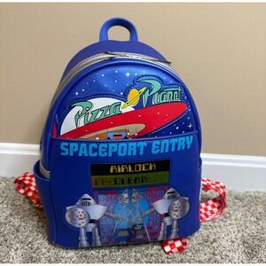 Loungefly Disney Pixar Pizza Planet Backpack Blue Red White Checkered Straps